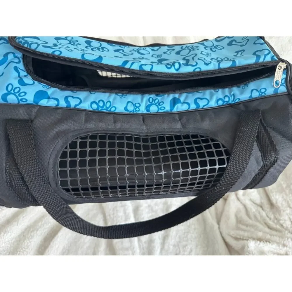 Pyaar Small Pet Carrier Blue Paw Print Mesh Travel Bag Dog/Cat 14 Inch